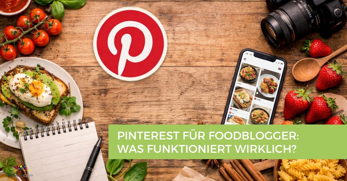 Ein Holztisch mit einer Kamera, Erdbeeren, einem Smartphone mit Lebensmittelbildern, einem Notizblock und pochierten Eiern. Das Pinterest-Logo ist sichtbar. Der Text lautet: "Pinterest Tipps f&uuml;r Foodblogger: Was funktioniert wirklich?.