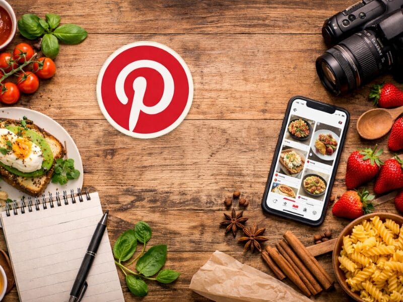 Ein Holztisch mit Pinterest Tipps f&uuml;r Foodblogger, ein Smartphone mit Foodfotos, eine Kamera, ein Notizblock mit Stift, frische Tomaten, Erdbeeren, Basilikum, Nudeln und Gew&uuml;rze wie Zimtstangen und Sternanis.