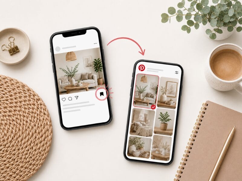 Zwei Smartphones auf einem Schreibtisch zeigen Bilder von Wohnkultur, eines mit einem Instagram-Post und das andere mit einem Pinterest-Board. In der N&auml;he stehen eine Tasse Kaffee, ein Notizbuch mit Stift, ein geflochtenes Tischset und eine kleine Pflanze.