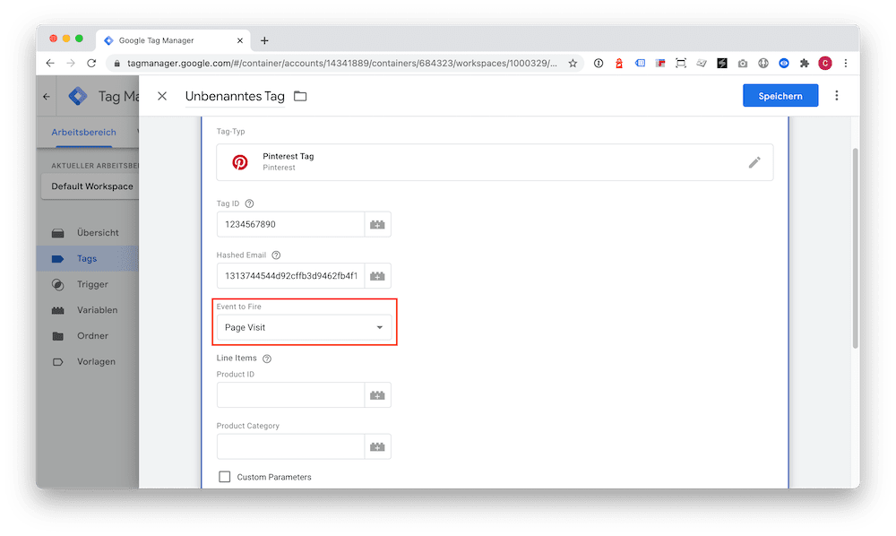 Pinterest Tag mit Pageview Ereignis Schritt 1