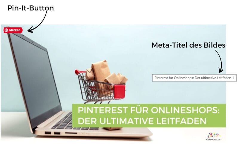 Auf einem Laptop wird die Webseite „Pinterest für Onlineshops: Der ultimative Leitfaden“ angezeigt. Auf der Tastatur ist ein kleiner Einkaufswagen mit Paketen zu sehen. Pfeile zeigen auf einen „Pin It“-Button und einen Metatitel.