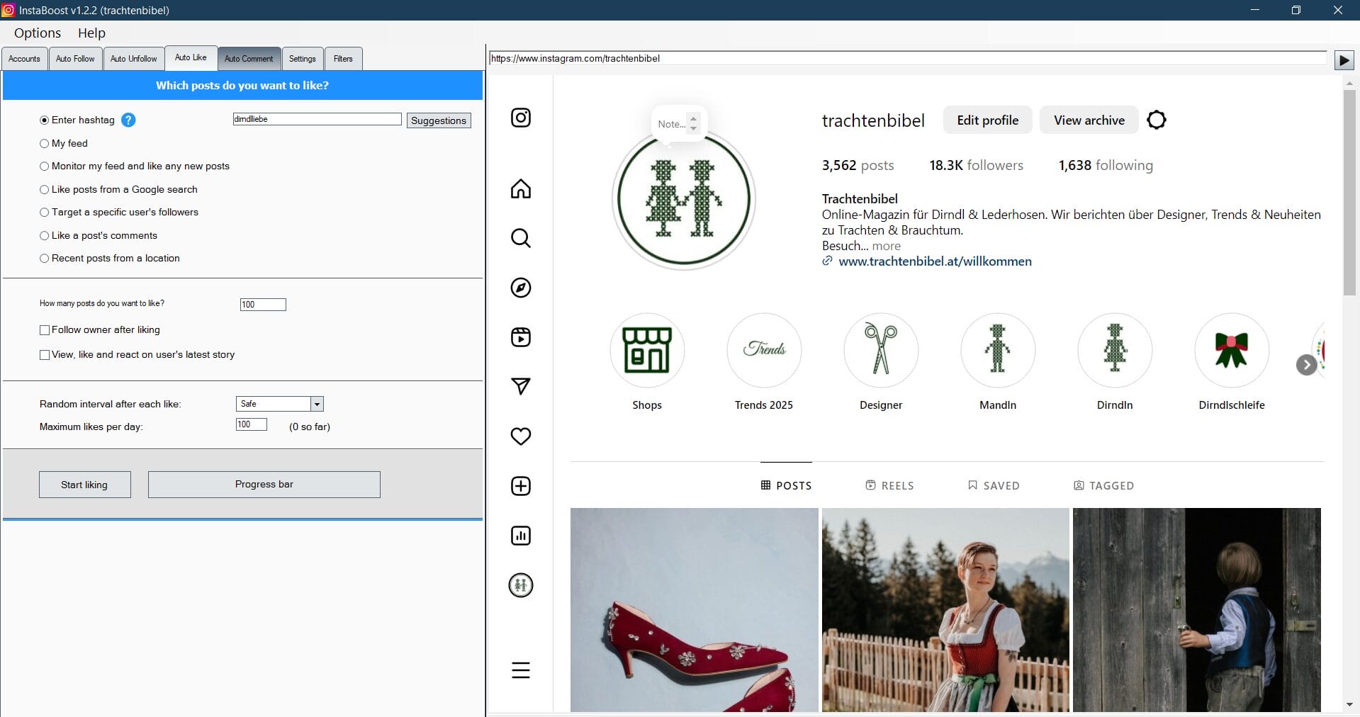 Das Instagram-Profil von „trachtenbibel“ glänzt mit InstaBoost-Flair und präsentiert Follower-Statistiken und Icons, die mit Posts über Geschäfte, Trends, Designer und mehr verknüpft sind. Die vorgestellten Bilder zeigen leuchtend rote Schuhe und eine Person in traditioneller Kleidung.