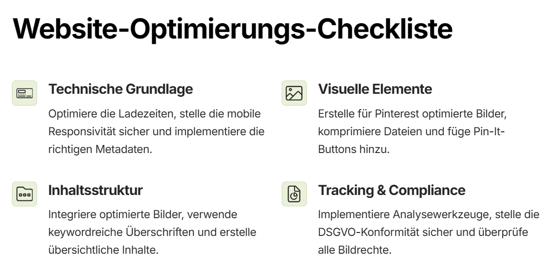 Checkliste zur Webseitenoptimierung mit vier Abschnitten: Technische Grundlagen, visuelle Elemente, Inhaltsstruktur sowie Tracking & Compliance. Jeder Abschnitt enthält eine kurze Beschreibung, die Sie durch die effektive Verbesserung Ihrer Online-Präsenz führt.