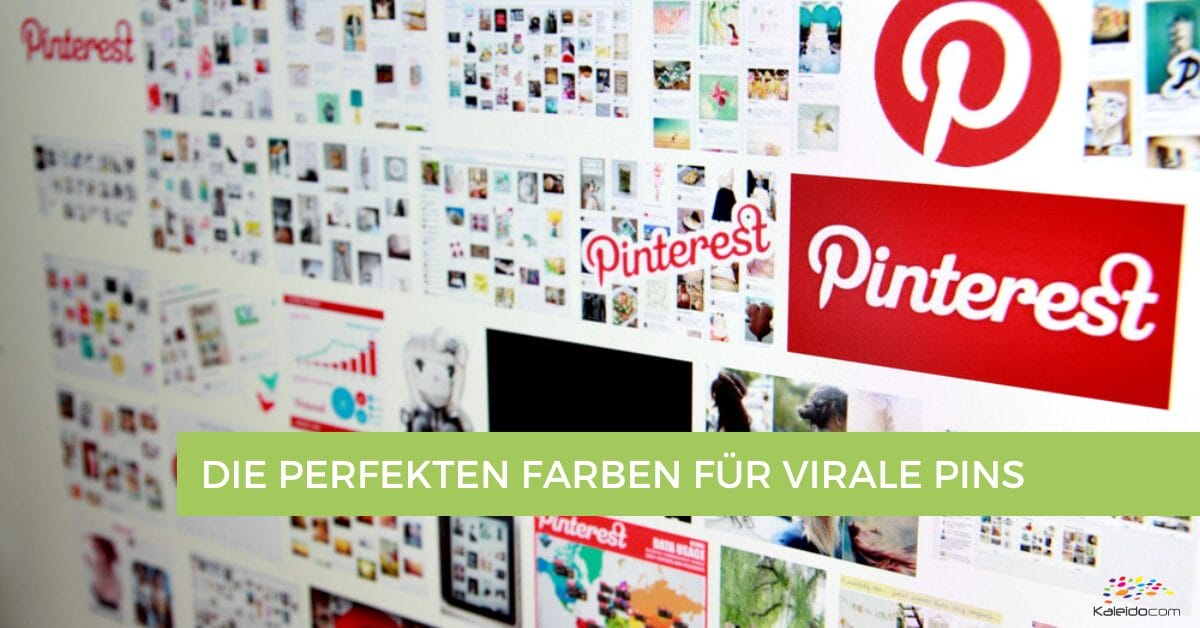 Ein Computerbildschirm mit verschiedenen Pinterest-Logos und -Bildern und einem grünen Banner mit der Aufschrift „DIE PERFEKTEN FARBEN FÜR VIRALE PINS“ am unteren Rand unterstreicht die Bedeutung von Farben für ansprechende Pins.