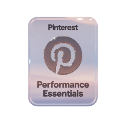 Ein durchscheinendes Abzeichen mit dem Pinterest-Logo und den Worten „Pinterest Marketing Performance Essentials“ darunter.