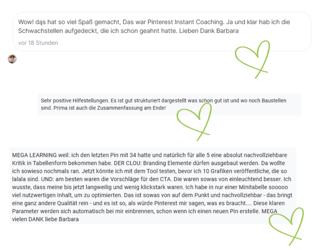 Eine Collage aus drei deutschen Textzeugnissen mit handgeschriebenen grünen Herzen, die Dankbarkeit und positives Feedback für das Pinterest Kurs Coaching und die Lernerfahrungen ausdrücken.