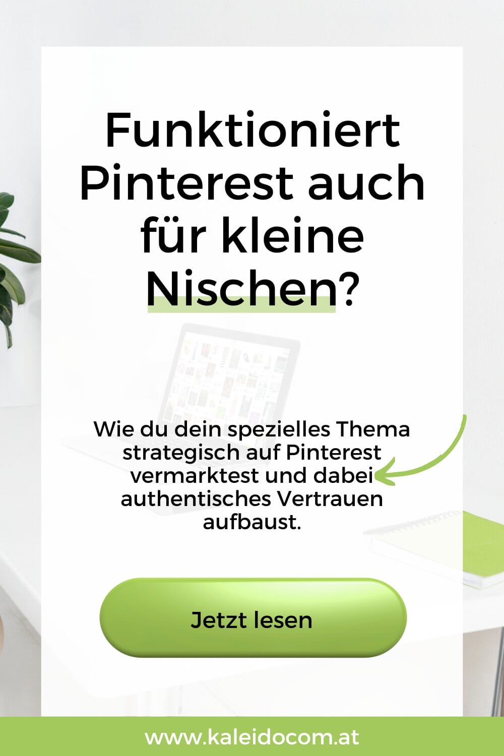 Deutsches Werbebild mit dem Text: "Funktioniert Pinterest auch für deine Nische? Wie du dein spezielles Thema strategisch auf Pinterest vermarktest und dabei authentisches Vertrauen aufbaust." Mit grünem Button "Jetzt lesen".