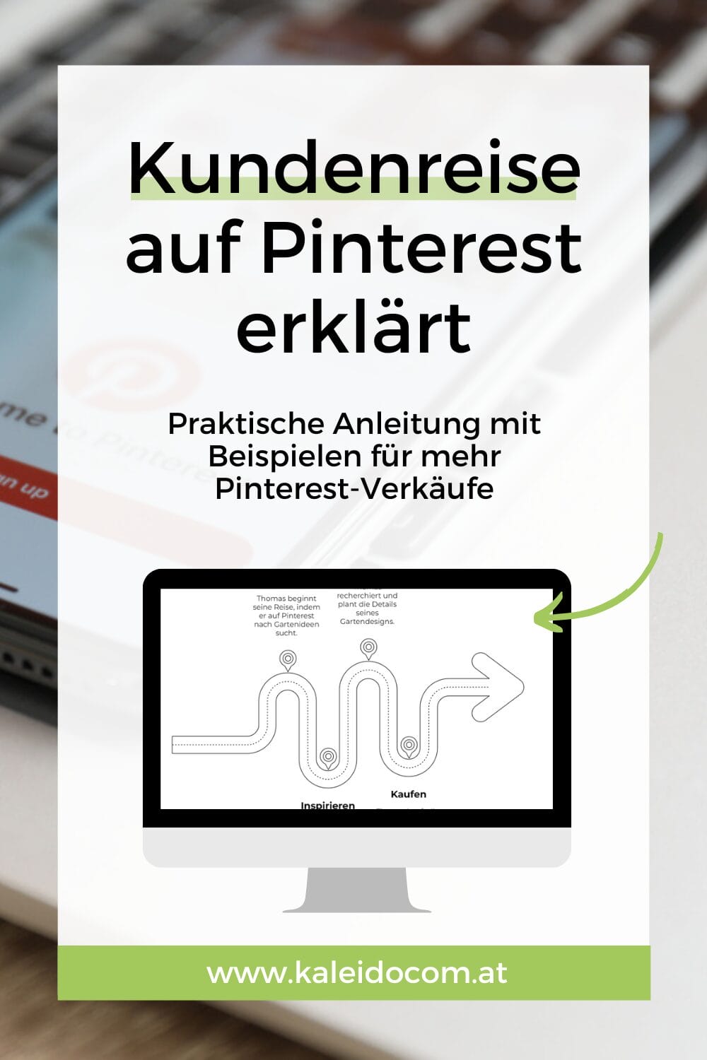 Eine Grafik mit dem Titel "Kundenreise auf Pinterest erklärt" zeigt einen Monitor, der die Kundenreise - von Inspiration bis Kauf - anzeigt und praktische Tipps für mehr Pinterest Sales bietet. Mehr Infos: www.kaleidocom.at.