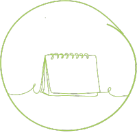 Account Betreuung Eine einfache grüne Strichzeichnung eines spiralgebundenen Tischkalenders innerhalb eines Kreises auf hellem Hintergrund.