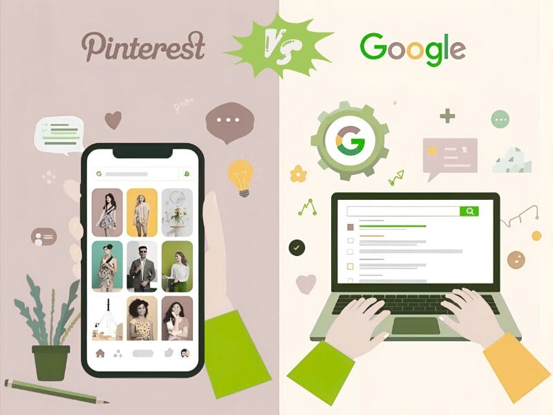Geteiltes Bild von Pinterest und Google: Links hält eine Hand ein Telefon, auf dem Pinterest-Modebilder angezeigt werden, was effektives Pinterest-SEO verdeutlicht; rechts tippen die Hände auf einem Laptop mit Google-Suchergebnissen. Grün- und Beigetöne dominieren das Design.