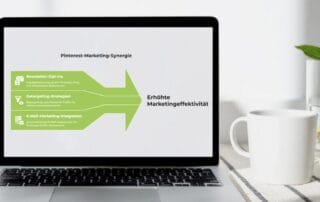 Ein Laptop auf einem weißen Schreibtisch zeigt ein deutsches Marketingdiagramm mit Schritten wie Newsletter-Opt-Ins, Pinterest-Funnel und E-Mail-Marketing-Integration, die Strategien zur Steigerung der Marketingeffektivität hervorheben. Eine weiße Tasse steht neben dem Laptop.