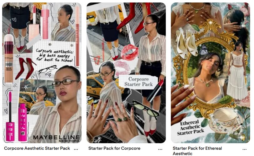 Gen Z auf Pinterest: Das solltest du darüber wissen 3 Drei Collagen im Pinterest-Stil zeigen Frauen der Gen Z in Schuluniformen, karierten Röcken, übergroßen gestreiften Hemden, Brillen und Accessoires. Jedes "Starter-Paket" betont die Vibes von Corpore und Ethereal Aesthetic, inklusive Make-up und Spiegel.