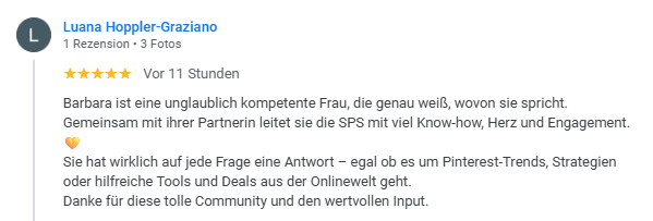 Smart Pinning Power 4 Eine Google-Bewertung mit fünf Sternen von Luana Hoppler-Graziano, die Barbara und ihren Partner für ihr Fachwissen, ihr aufrichtiges Engagement und ihren wertvollen Beitrag in ihrer Gemeinde lobt. Die Bewertung ist auf Deutsch verfasst.
