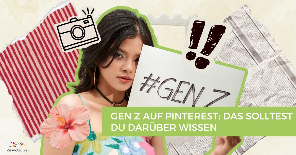 Gen Z auf Pinterest: Das solltest du darüber wissen 1 Eine junge Frau hält ein Schild mit der Aufschrift "#GEN Z" und fetten Ausrufezeichen. Darunter verkündet ein deutscher Text: "GEN Z auf Pinterest: Das solltest du darüber wissen." Zu den dekorativen Elementen gehören eine Blume und ein Kamerasymbol, die die Energie der Generation Z perfekt einfangen.