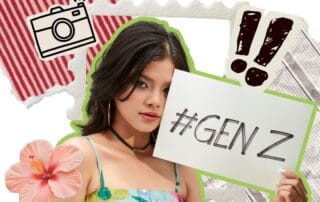 Gen Z auf Pinterest: Das solltest du darüber wissen 1 Eine junge Frau in einem bunten Kleid hält ein Schild mit der Aufschrift "#GEN Z". Der lebendige Hintergrund zeigt Gen Z-Symbole wie eine Hibiskusblüte, ein Kamera-Doodle, Ausrufezeichen und zerrissene Papiertexturen.