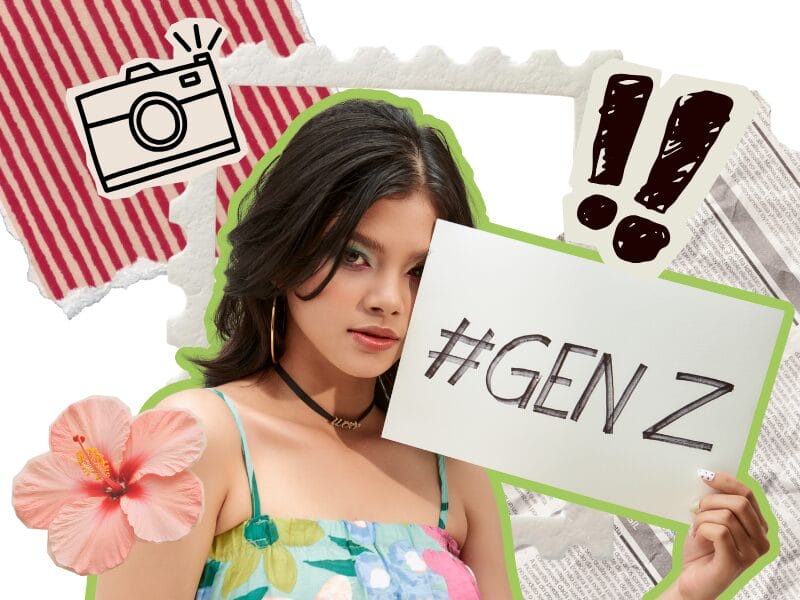 Eine junge Frau in einem bunten Kleid hält ein Schild mit der Aufschrift "#GEN Z". Der lebendige Hintergrund zeigt Gen Z-Symbole wie eine Hibiskusblüte, ein Kamera-Doodle, Ausrufezeichen und zerrissene Papiertexturen.