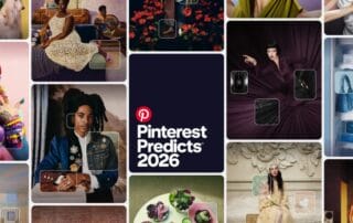 Eine Collage aus verschiedenen Mode-, Kunst- und Food-Fotos umgibt ein zentrales dunkles Feld mit dem Pinterest-Logo und dem Text "Pinterest Predicts 2026" in Weiß, der die Trends hervorhebt, die Pinterest für das kommende Jahr vorhersagt.
