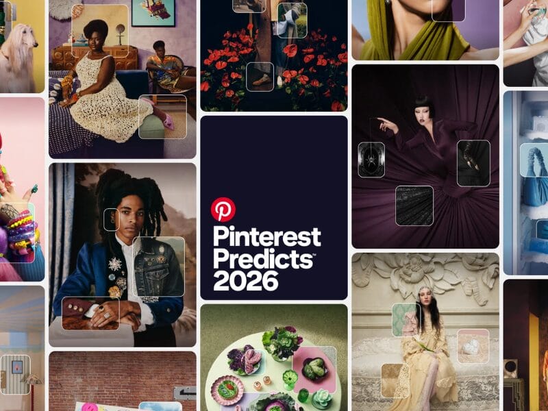 Eine Collage aus verschiedenen Mode-, Kunst- und Food-Fotos umgibt ein zentrales dunkles Feld mit dem Pinterest-Logo und dem Text "Pinterest Predicts 2026" in Weiß, der die Trends hervorhebt, die Pinterest für das kommende Jahr vorhersagt.