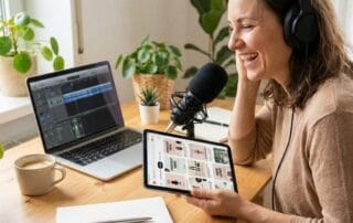 Eine Frau nimmt einen Podcast auf, trägt Kopfhörer und spricht in ein Mikrofon an einem Schreibtisch mit Laptop, Tablet, Notizbuch und Kaffeetasse. Der helle Arbeitsbereich ist mit Topfpflanzen dekoriert.