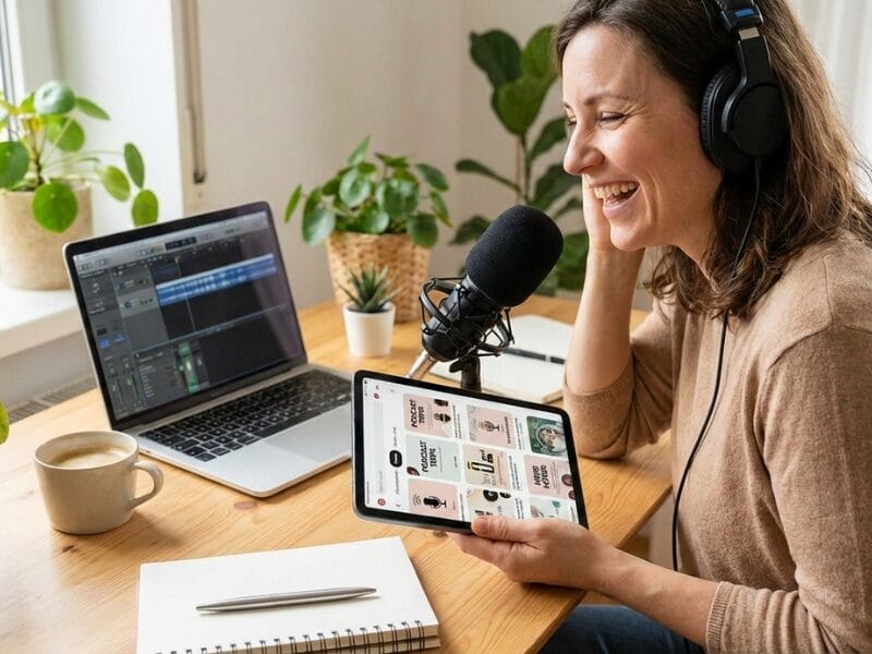 Eine Frau nimmt einen Podcast auf, trägt Kopfhörer und spricht in ein Mikrofon an einem Schreibtisch mit Laptop, Tablet, Notizbuch und Kaffeetasse. Der helle Arbeitsbereich ist mit Topfpflanzen dekoriert.