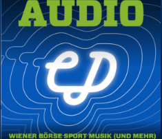 Mit uns arbeiten 4 Eine blaue und grüne Grafik mit fettem Text "AUDIO" oben, einem weißen Neon-Symbol "ep" in der Mitte und Text unten: "WIENER BÖRSE-SPORT MUSIK (UND MEHR) AUSGEZEICHNET ALS FINFLUENCER #1 AUSTRIA.".