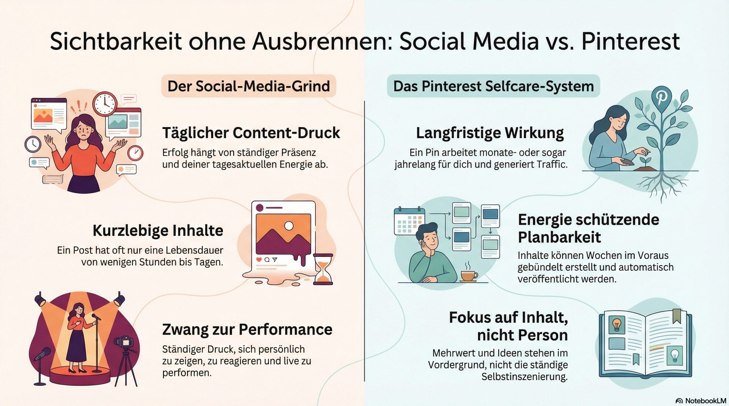 Infografik vergleicht Social Media und Pinterest: Links Social-Media-Grind mit hohem Druck, Leistungszwang und kurzlebigen Inhalten, rechts Pinterest-System mit langfristiger Wirkung, Planbarkeit und Fokus auf Inhalte statt Personen.