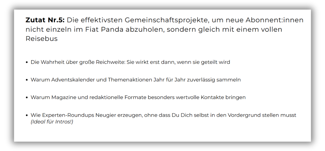 In einem Textfeld mit der Überschrift "Zutat Nr. 5" werden vier Tipps für effektive Gemeinschaftsprojekte zur Gewinnung von Abonnenten aufgeführt, darunter das Teilen weitreichender Wahrheiten und die Erstellung von Expertenrunden.