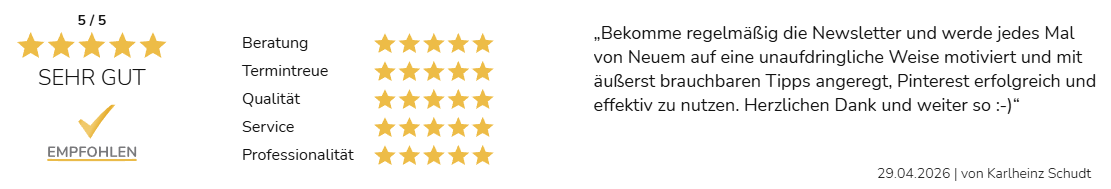 Kundenbewertung mit 5-Sterne-Bewertungen für Beratung, Pünktlichkeit, Qualität, Service und Professionalität. "SEHR GUT" und "EMPFOHLEN" werden hervorgehoben. Positiver Erfahrungsbericht von Kathleen Schubt, vom 29.04.2026.
