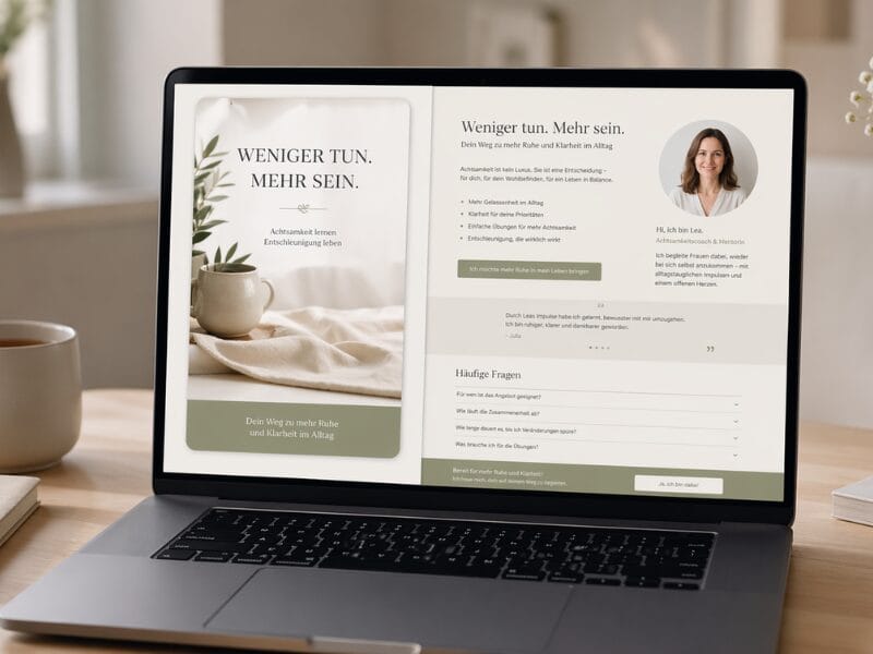 Ein Laptop auf einem Schreibtisch zeigt eine Website mit minimalistischem Design. Der Bildschirm zeigt einen Bereich mit einer Pflanze, deutschem Text und einem Profilfoto einer Frau. Neben dem Laptop stehen ein Kaffeebecher und ein Notizbuch.