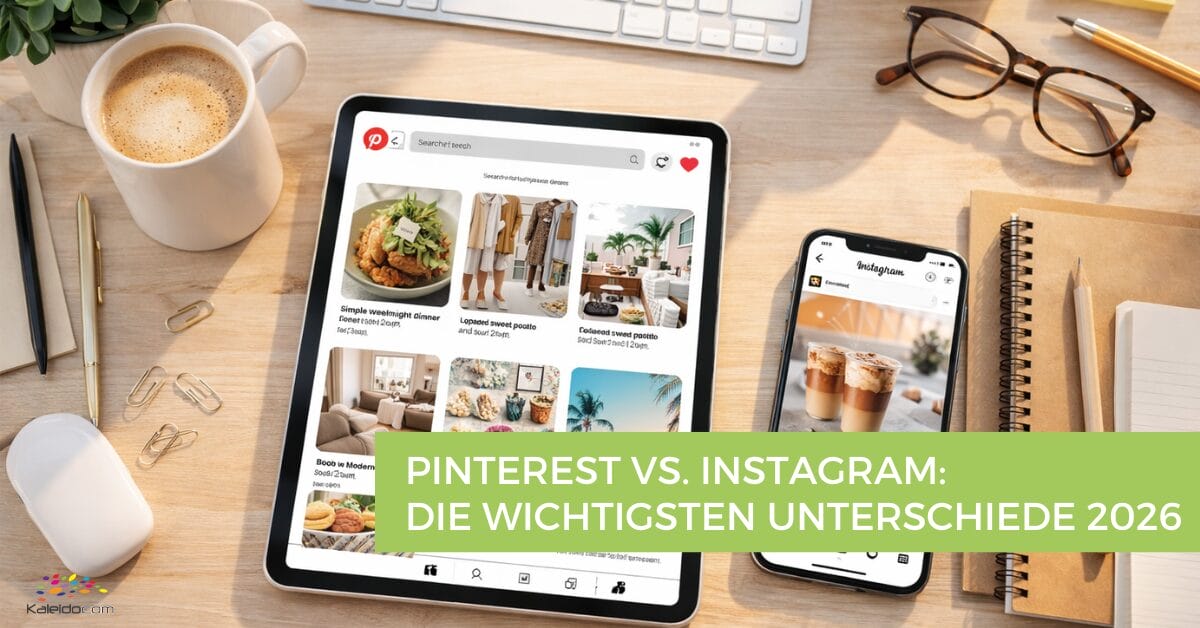 Ein Tablet, auf dem Pinterest angezeigt wird, und ein Smartphone, auf dem Instagram angezeigt wird, stehen auf einem Schreibtisch mit Kaffee, Brille, Laptop und Notebook. Textüberlagerung liest: "Pinterest vs. Instagram: Die wichtigsten Unterschiede 2026.