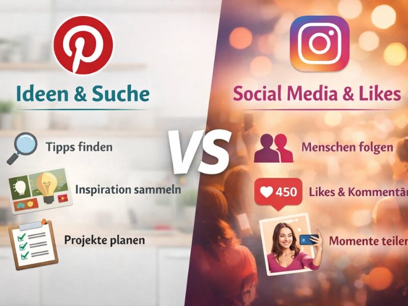 Ein Vergleichsbild zeigt Pinterest für Ideen, Suche, Tipps, Inspiration und Projektplanung im Vergleich zu Instagram für soziale Medien, das Folgen von Personen, Likes, Kommentare und das Teilen von Momenten.