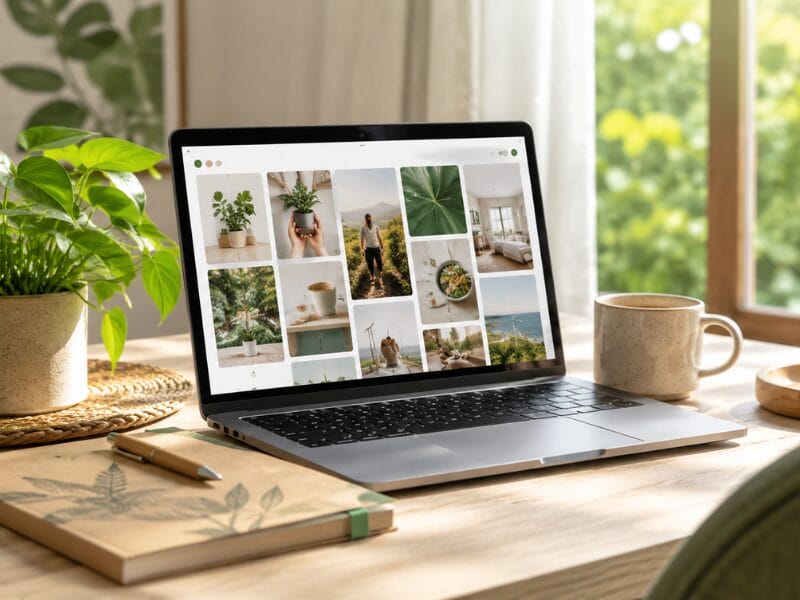 Nachhaltiges Online-Business: 3 grüne Pinterest-Tipps für weniger Content-Stress 1 Ein Laptop mit Pflanzenfotos auf einem hölzernen Schreibtisch, umgeben von Topfpflanzen, einem Notizbuch mit Stift und einer Tasse, in der Nähe eines sonnenbeschienenen Fensters, aus dem man Grünzeug sehen kann.