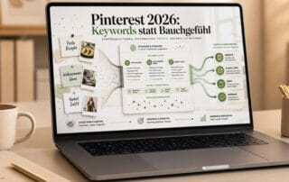 Pinterest 2026: Was sich geändert hat und wie du es für dich nutzt 1 Ein Laptop auf einem Schreibtisch zeigt eine Präsentation mit dem Titel "Pinterest 2026: Keywords statt Bauchgefühl" mit Diagrammen, Text und Symbolen über Pinterest-Algorithmus und -Strategien. Eine Kaffeetasse, ein Notizblock und ein Stift stehen neben dem Laptop.