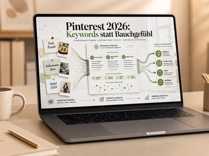 Pinterest 2026: Was sich geändert hat und wie du es für dich nutzt 1 Ein Laptop auf einem Schreibtisch zeigt eine Präsentation mit dem Titel "Pinterest 2026: Keywords statt Bauchgefühl" mit Diagrammen, Text und Symbolen über Pinterest-Algorithmus und -Strategien. Eine Kaffeetasse, ein Notizblock und ein Stift stehen neben dem Laptop.