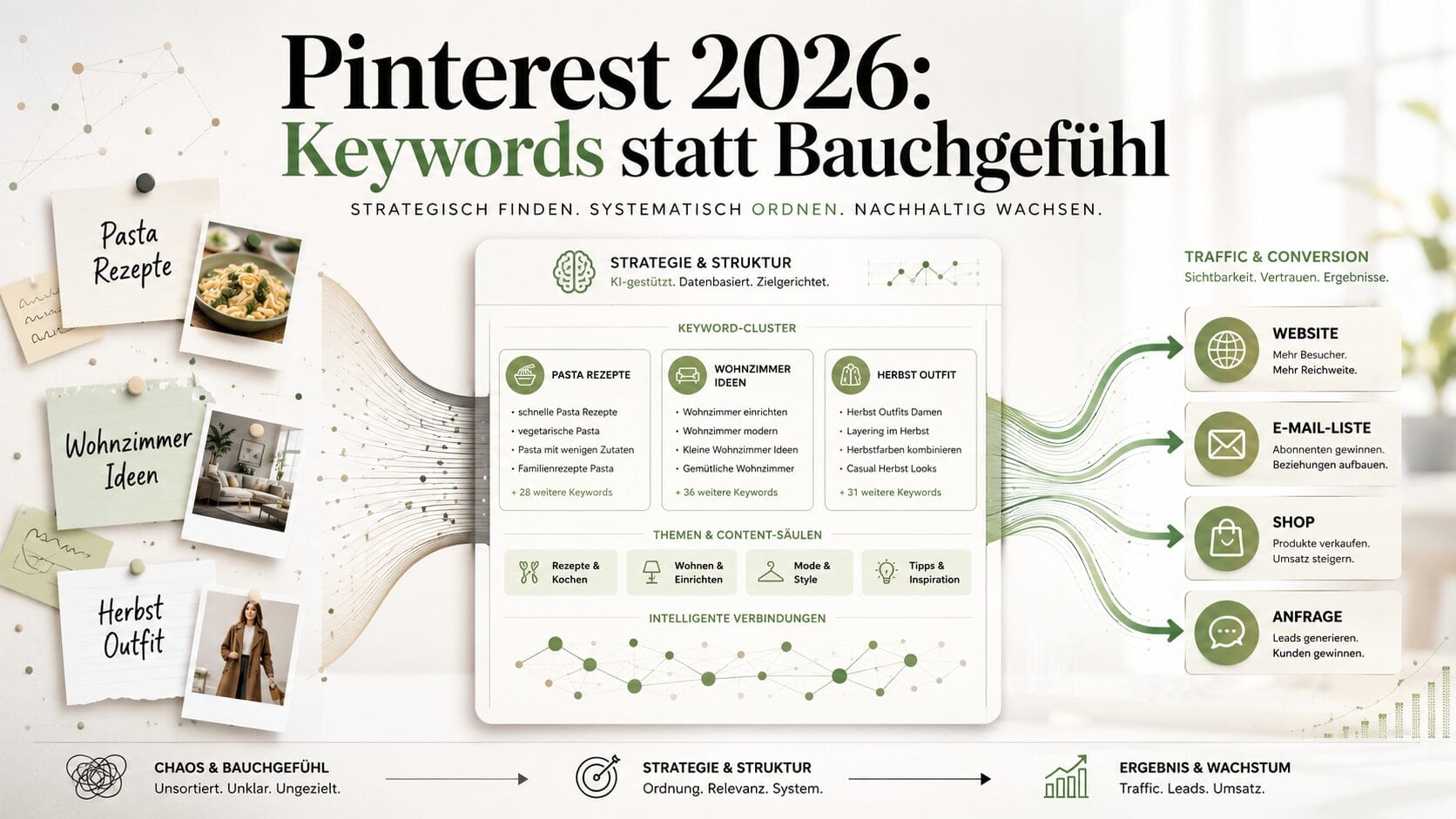 Pinterest 2026: Was sich geändert hat und wie du es für dich nutzt 5 Eine stilvolle Infografik mit dem Titel "Pinterest 2026: Keywords statt Bauchgefühl" erklärt den strategischen Keyword- und Algorithmus-Einsatz für Wachstum, zeigt Cluster, Traffic-Kanäle und einen Fluss vom Chaos zu strukturierten, messbaren Ergebnissen mit weichen, neutralen Bildern.