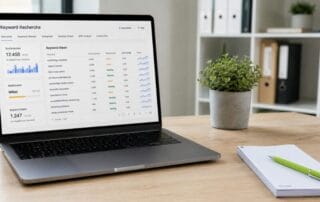 Auf einem Schreibtisch steht ein Laptop, auf dessen Bildschirm ein Dashboard mit Analysedaten zur Keyword-Recherche zu sehen ist. Neben dem Laptop stehen eine kleine Topfpflanze und ein Notizblock mit einem Stift. Im Hintergrund sind Regale mit Ordnern zu sehen.