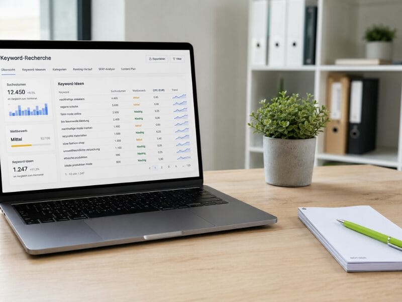 Auf einem Schreibtisch steht ein Laptop, auf dessen Bildschirm ein Dashboard mit Analysedaten zur Keyword-Recherche zu sehen ist. Neben dem Laptop stehen eine kleine Topfpflanze und ein Notizblock mit einem Stift. Im Hintergrund sind Regale mit Ordnern zu sehen.