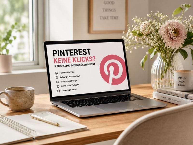 Warum dein Pinterest keine Klicks bringt: 5 Probleme, die du lösen solltest 4 Auf einem Schreibtisch steht ein Laptop, auf dem eine Pinterest-Präsentation auf Deutsch mit Einblicken zum Thema „Klicks“ zu sehen ist. Daneben stehen eine Tasse, ein Notizbuch, ein Stift und eine Vase mit Blumen. Ein motivierendes Zitat und eine Pflanze sorgen im Hintergrund für zusätzliche Inspiration.