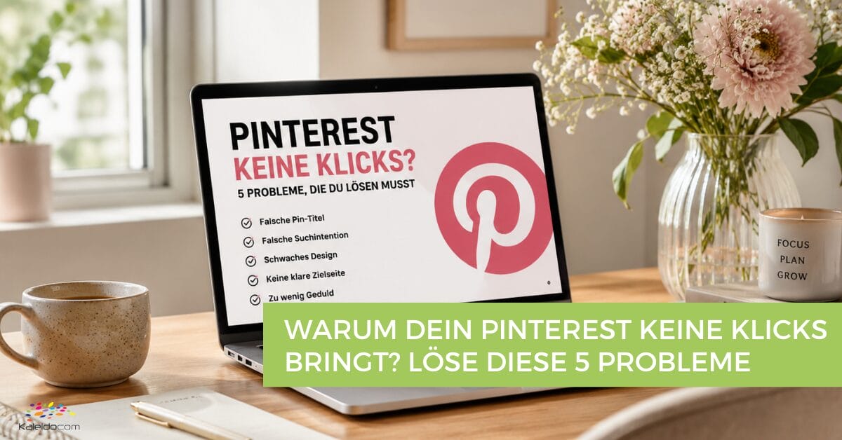 Warum dein Pinterest keine Klicks bringt: 5 Probleme, die du lösen solltest 3 Auf einem Laptop, der auf einem Schreibtisch steht, ist eine Pinterest-Präsentation mit dem Titel „Keine Klicks? 5 Probleme, die du lösen musst“ zu sehen. Ein grünes Banner darunter fragt: „Warum bringt dein Pinterest keine Klicks? Löse diese 5 Probleme.“.