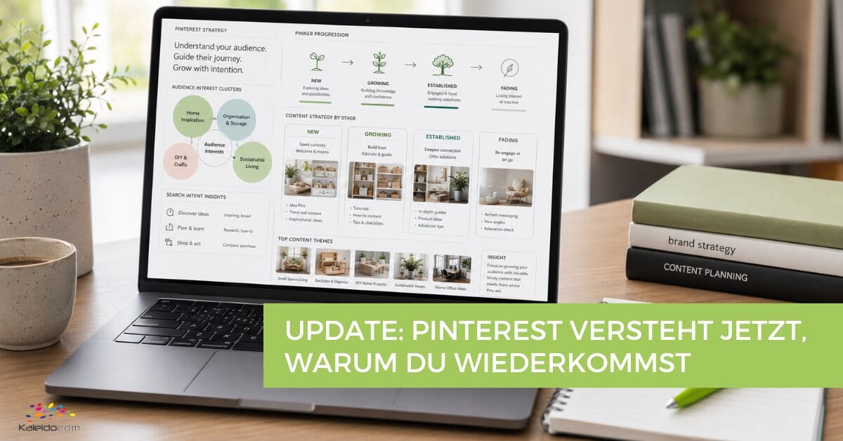 Pinner Progression: Pinterest versteht jetzt, warum du wiederkommst 3 Ein Laptop, auf dem ein Pinterest-Strategieplan zu sehen ist, steht auf einem Schreibtisch mit Büchern und einer Pflanze und veranschaulicht die Entwicklung Ihres Marketingansatzes. Auf einem grünen Banner steht auf Deutsch: „UPDATE: PINTEREST VERSTEHT JETZT, WARUM DU WIEDERKOMMST.“.
