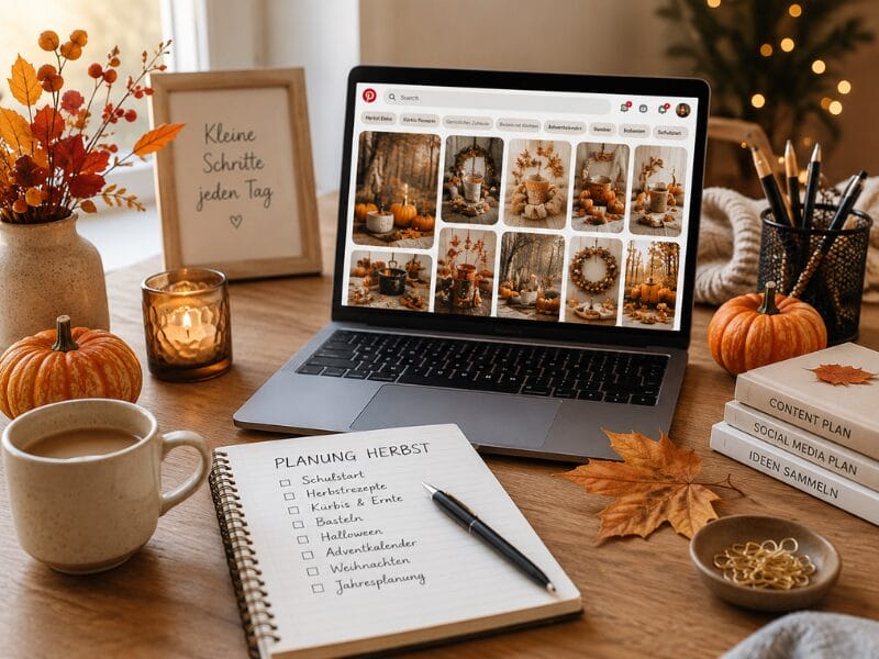 Ein gemütlicher Arbeitsbereich im Herbststil mit einem Laptop, auf dem Herbstdekorationen zu sehen sind, einem Notizbuch mit einer Herbst-To-do-Liste, Kaffee, Kürbissen, Kerzen und Herbstblättern auf einem Holztisch.