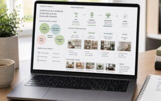 Auf einem Schreibtisch steht ein Laptop, auf dessen Bildschirm ein Plan zur Content-Strategie zu sehen ist, der die Entwicklung der Zielgruppenerkenntnisse, die verschiedenen Phasen der Content-Erstellung sowie Fotos von Innenräumen veranschaulicht. Daneben liegen eine Pflanze, ein Notizbuch und ein Stift.