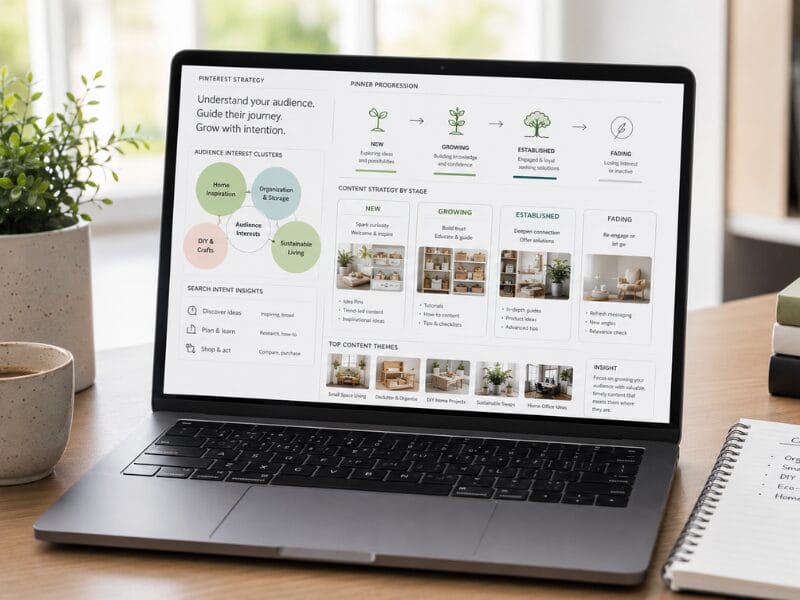 Auf einem Schreibtisch steht ein Laptop, auf dessen Bildschirm ein Plan zur Content-Strategie zu sehen ist, der die Entwicklung der Zielgruppenerkenntnisse, die verschiedenen Phasen der Content-Erstellung sowie Fotos von Innenräumen veranschaulicht. Daneben liegen eine Pflanze, ein Notizbuch und ein Stift.