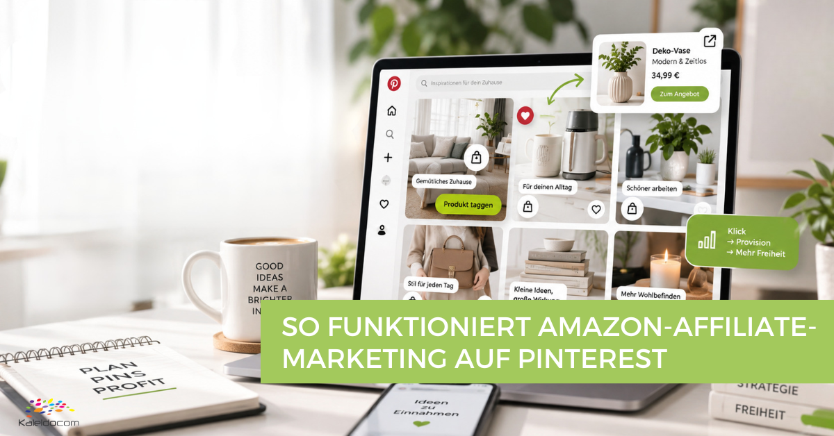 Amazon Affiliate Marketing auf Pinterest: So funktioniert die neue Verbindung 3 Auf einem Schreibtisch steht ein Laptop, auf dem eine Pinterest-Seite mit Pins zur Wohnkultur und Amazon-Preisen zu sehen ist. Daneben stehen eine Kaffeetasse, ein Notizblock, eine Pflanze und ein Handy. Der darüber eingeblendete deutsche Text lautet: „So funktioniert Amazon-Affiliate-Marketing auf Pinterest.“ Diese Darstellung verdeutlicht, wie man ganz einfach stilvolle Einrichtungsideen entdecken kann, während man direkt über Pinterest Produkte auf Amazon durchstöbert.