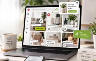 Amazon Affiliate Marketing auf Pinterest: So funktioniert die neue Verbindung 1 Auf einem Schreibtisch steht ein Laptop, auf dem die Amazon-Online-Shopseite für Wohnaccessoires zu sehen ist. Daneben stehen eine Tasse mit der Aufschrift „GOOD IDEAS MAKE A BRIGHTER INCOME“, ein Notizblock, ein Stift und ein Telefon. Die Szene wirkt hell und aufgeräumt.