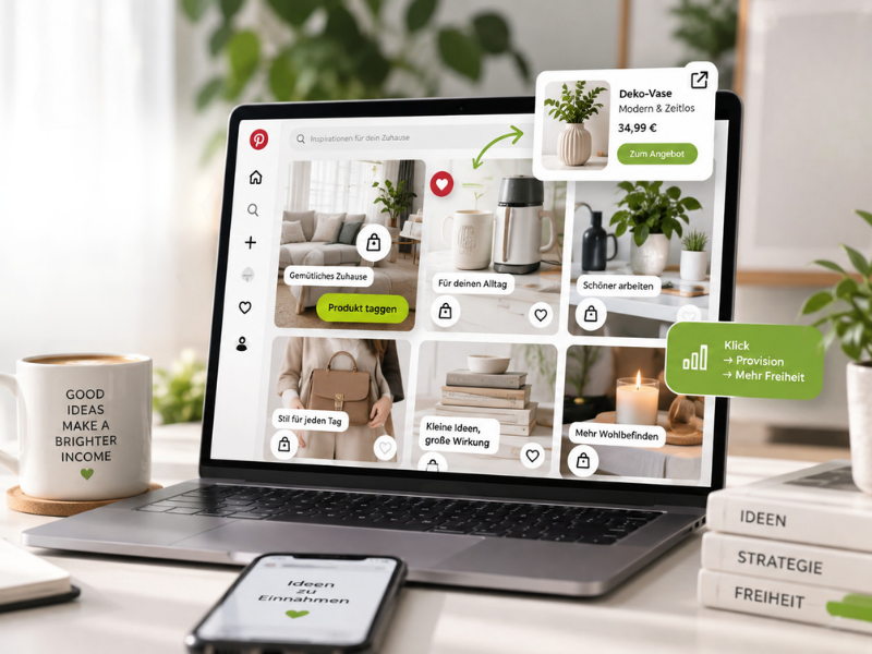 Amazon Affiliate Marketing auf Pinterest: So funktioniert die neue Verbindung 4 Auf einem Schreibtisch steht ein Laptop, auf dem die Amazon-Online-Shopseite für Wohnaccessoires zu sehen ist. Daneben stehen eine Tasse mit der Aufschrift „GOOD IDEAS MAKE A BRIGHTER INCOME“, ein Notizblock, ein Stift und ein Telefon. Die Szene wirkt hell und aufgeräumt.