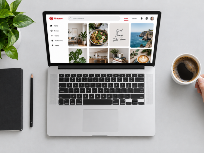 Pinterest Boards aufräumen: wichtige Tipps für dein Pinterest-Profil 1 Auf einem weißen Schreibtisch stehen eine Pflanze, ein Bleistift und eine Hand, die eine Tasse Kaffee hält, sowie ein Laptop, auf dem Pinterest zu sehen ist. Der Pinterest-Bildschirm zeigt Bilder von Essen, Dekoration und inspirierenden Motiven – die perfekte Inspiration, wenn du vorhast, deine Pinnwände aufzuräumen und deine Lieblingsideen zu ordnen.