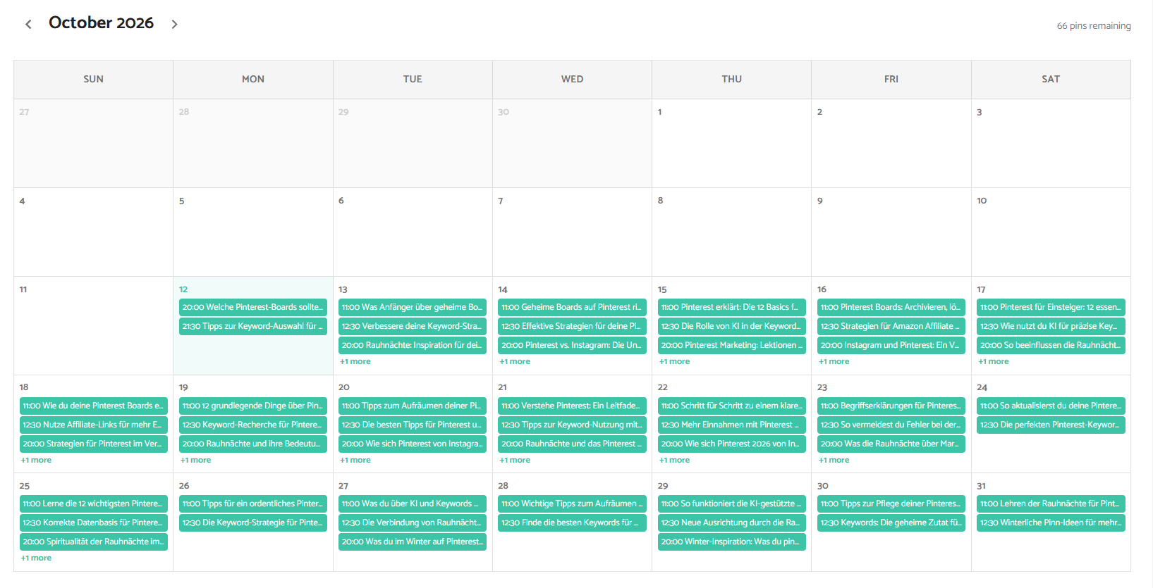 Wie viele Pins pro Tag und pro Blogartikel? 4 Ein digitaler Kalender für Oktober 2026, in dem für die meisten Tage geplante Themen für Pinterest-Inhalte aufgeführt sind.