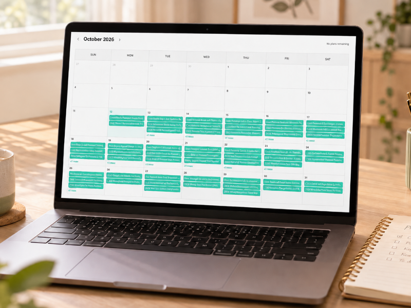 Ein Laptop, auf dem ein digitaler Kalender für Oktober 2026 angezeigt wird, in dem vom 12. bis zum 31. mehrere Termine pro Tag eingetragen sind.